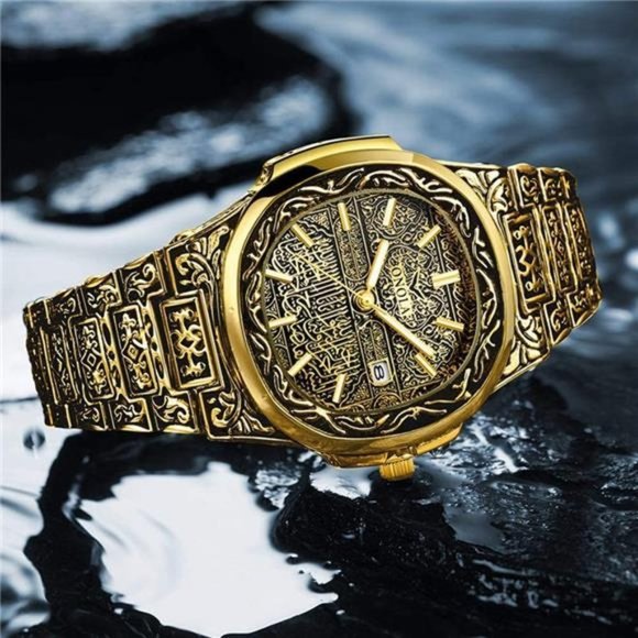 Mens Carved Pattern Luxury Gold Watch - Picture 2 of 5